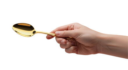 Elegant Hand Holding a Shiny Golden Spoon Against a Plain Background in Contemporary Style