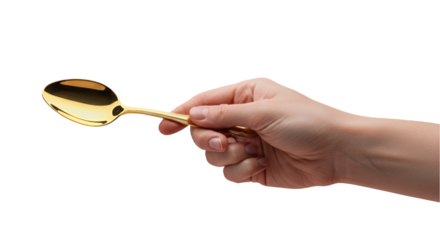 Elegant Hand Holding a Shiny Golden Spoon Against a Plain Background in Contemporary Style