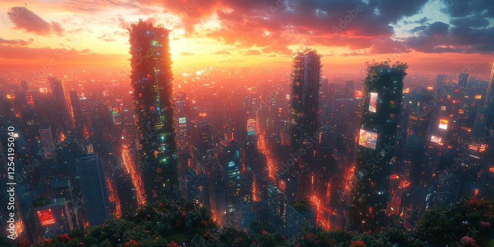Aufkleber futuristic gravity-defying spiral skyscrapers creating a surreal city skyline with floating building