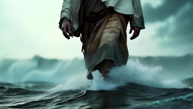 Jesus Christ Walks on Water During Storm in Sea of Galilee, Biblical New Testament Depiction