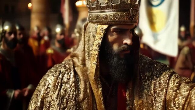 Solomon is Anointed as King with a Grand Ceremony and Regal Attire set in a Magnificent Palace, Biblical Old Testament Depiction