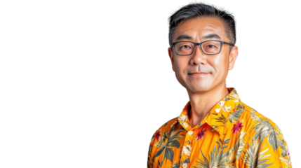 Smiling asian man wearing glasses and hawaiian shirt on transparent background