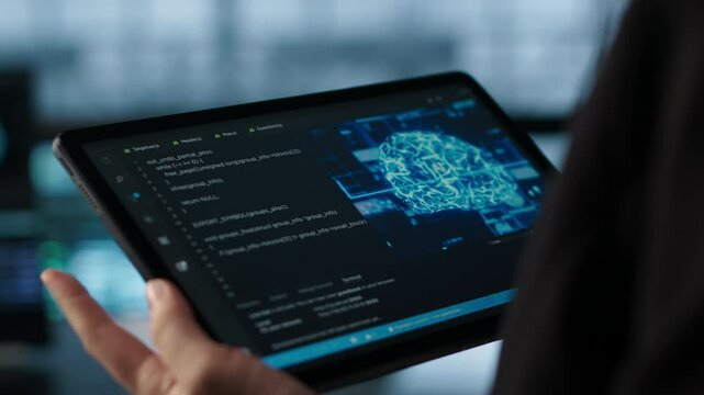 Programmer in data center using AI on tablet, verifying compliance requirements of supercomputers. Server hub worker optimizing resource utilization using device, camera A close up