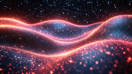 Obraz premium Abstract waves of light and particles create a cosmic, digital atmosphere.
