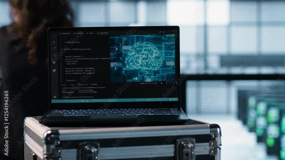 Poster laptop in front of data center engineers in background deploying artificial intelligence tools. ai c