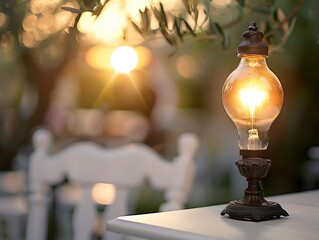 Antique outdoor lamp with light bulb, close-up on table, white garden furniture, olive trees, bokeh effect, vintage filter.