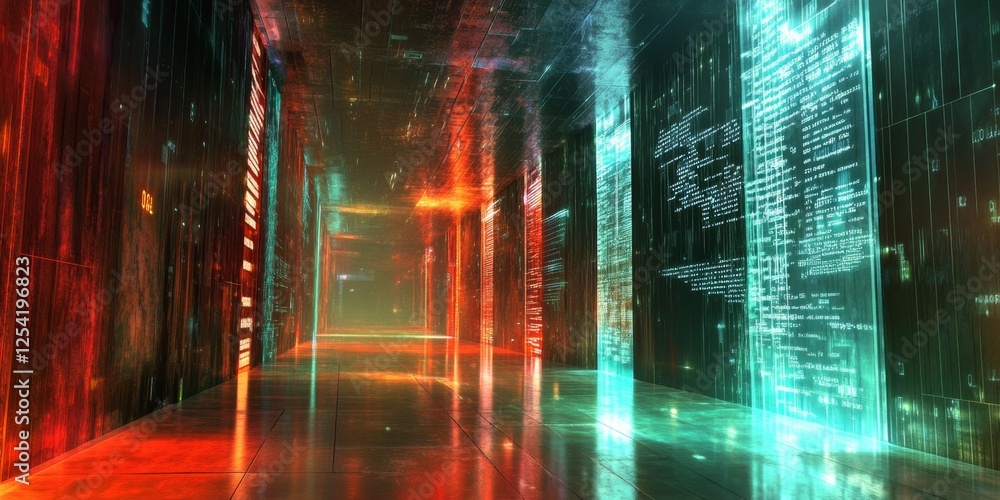 Poster Futuristic server room corridor; glowing data streams; digital backdrop; tech concept