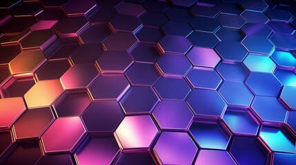 Fototapeta premium Colorful hexagonal pattern with vibrant gradient shades of purple, pink, and blue creating a captivating visual effect.