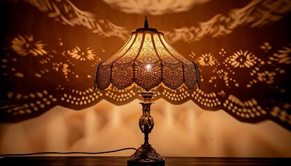 Antique table lamp with a patterned shade, creating soft light and intricate shadows on a dark surface. Perfect for adding a touch of vintage charm to any space.