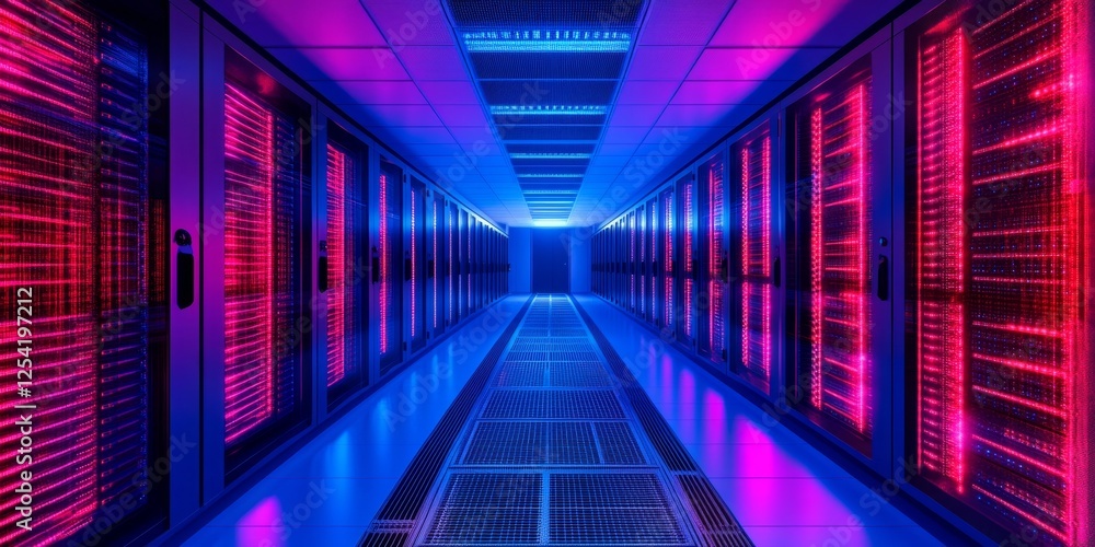 Poster Illuminated data center corridor; server racks glow; network infrastructure; technology background
