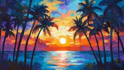 Vibrant sunset over a tropical beach with palm trees.