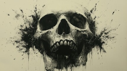 A striking illustration of a skull with ink splashes, conveying a dark artistic theme.