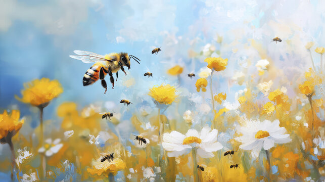 vibrant bee hovering over colorful flowers in sunny field, showcasing nature beauty and harmony