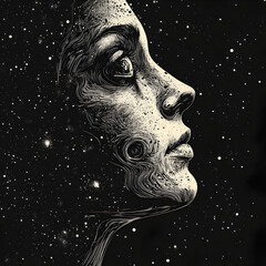 Cosmic Dreamscape: Black and White Surreal Portrait Illustration of a Woman's Profile Amidst a Galaxy of Stars in Deep Space