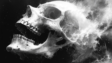 Obraz premium A dramatic depiction of a skull surrounded by swirling smoke, evoking themes of mortality.
