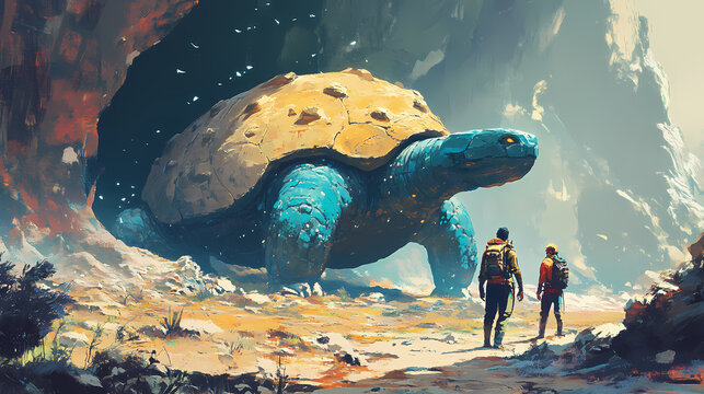 A futuristic scene featuring explorers encountering a giant robotic turtle in a mysterious valley. Unraveled Dimensions. Illustration