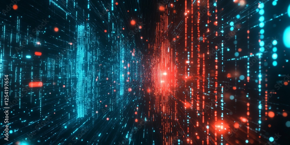 Poster Digital data streams converge in a futuristic tunnel, background bokeh