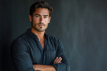 Man with crossed arms against black background exuding confidence and determination.