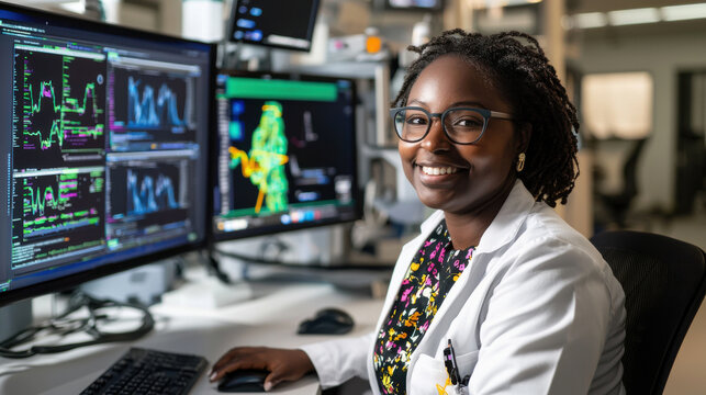 Adult learner participating virtual course computer, smiling confidently professional setting, surrounded by multiple screens