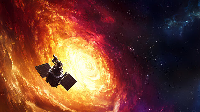 A spacecraft navigates a swirling cosmic vortex unraveling the mysteries of the universe amidst celestial chaos and radiant energy. Unraveled Dimensions. Illustration