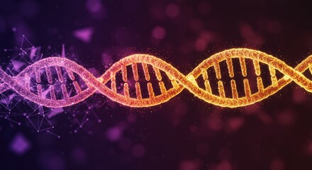 Purple orange yellow DNA double helix structure or molecule. Gene therapy, CRISPR gene editing. Treatment of blood cancer and hereditary diseases. Eco friendly technology. Copy space.