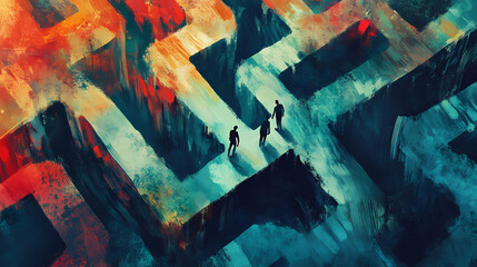 Birds-eye view of a labyrinth, psychological themes intermingled with detective clues, shadows of mystery, vibrant color contrast. Unraveled Dimensions. Illustration