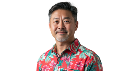 Smiling asian man wearing hawaiian shirt on transparent background