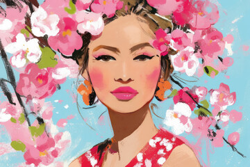 Fototapeta premium woman with vibrant pink flowers in her hair stands against blue background, exuding sense of springtime beauty and elegance. Her expression is serene and confident