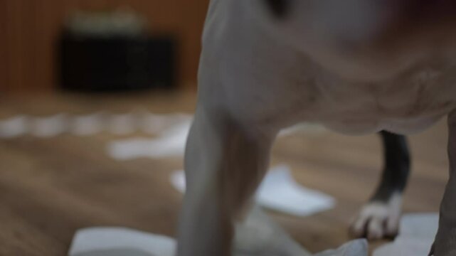 An American Pit Bull Terrier rests on a wooden floor with a guilty and remorseful expression. Pieces of torn paper are scattered around, evidence of the dog's mischief. The close-up captures the dog's