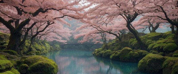 japan garden sakura cherry tree 4k paint wallpaper