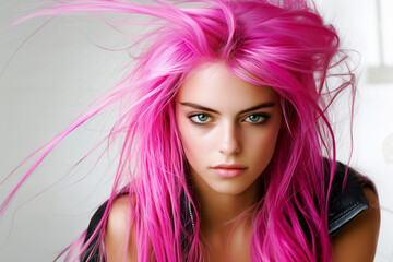 Naklejka premium Stunning Close-up Portrait of a Young Woman with Vibrant Pink Hair. Edgy Style, Expressive Eyes, and a Confident Pose. Fashion, Beauty, and Alternative Style Photography.