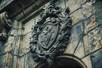 Fototapeta premium Guild emblem carved above the entrance of ancient stone building.