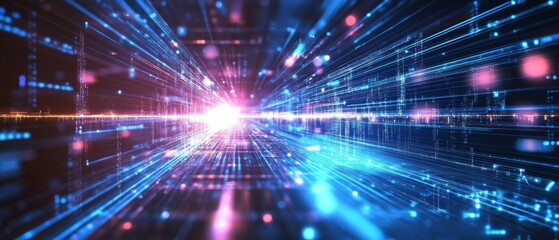 Digital data stream, futuristic tunnel, glowing background, tech concept
