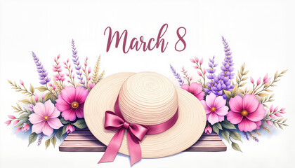 Stylish March 8 postcard featuring a sunhat in blooming garden, celebration