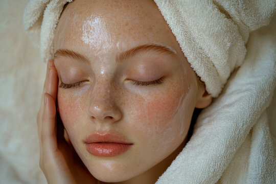 Woman with frothy skin, surrounded by bubbles in a luxurious bath, candles flickering in the background, creating a serene and indulgent atmosphere.