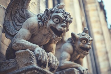 Stone gargoyles decorating ancient gothic cathedral exterior.