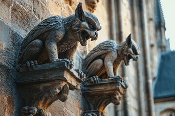 Fototapeta premium Stone gargoyles decorating ancient gothic cathedral exterior.