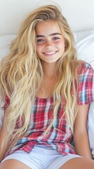 Naklejka premium A blonde girl with long hair is sitting on a bed wearing a red and white plaid shirt and white shorts. She is smiling and looking at the camera