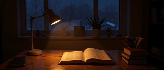 Cozy illuminated desk with an open book and lamp creating a warm ambiance in a winter evening indoor setting