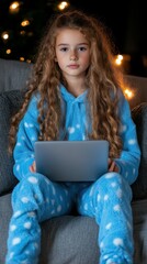 A young girl is sitting on a couch with a laptop in her lap. She is wearing a blue pajama set and has long hair. Concept of relaxation and leisure
