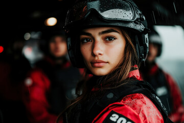 A female rescue worker in a red jacket and helmet, facing the camera with determination during a stormy ocean rescue mission. Her intense gaze and serious expression conveys the gravity of the situati