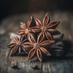 star anise positioned neatly against a rustic backdrop with a soft focus on edges