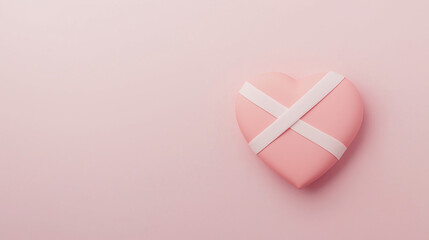 Pink heart with crossed adhesive bandages on a pastel background, symbol of emotional healing and love for Valentine's Day.