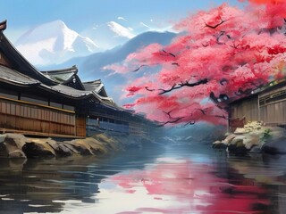 japanese cherry blossom sakura paint mont fuji