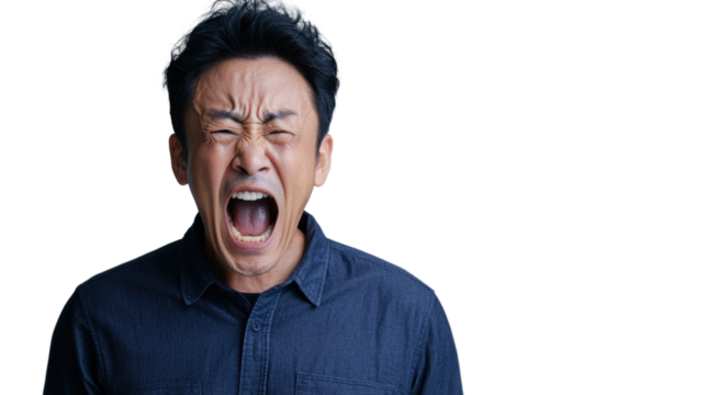Asian man shouting with transparent background: expressing anger and frustration