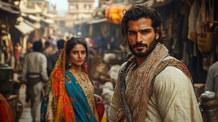 Fototapeta premium Scene bustling Indo Pak street man confidently walking through crowd a sherwani while a woman in a colorful saree stands at a distance the divide between masculine and feminine roles subtly depicted
