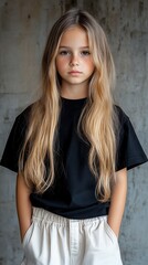 Fototapeta premium A girl with long hair is wearing a black shirt and white pants. She is standing in front of a wall