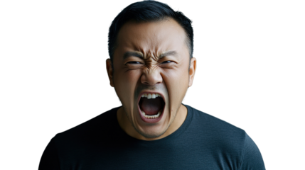 Angry asian man shouting with transparent background