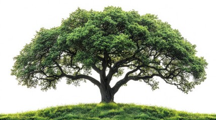 Obraz premium A large, leafy tree stands atop a grassy hill against a bright, white background.