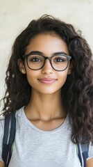 Obraz premium A young woman with long hair and glasses is smiling for the camera. She is wearing a gray shirt and a backpack
